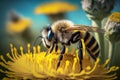 Bee and yellow flower dandelion. Close up of a large striped bee collecting pollen on a yellow flower dandelion, Generative AI Royalty Free Stock Photo