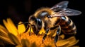 Bee On The Yellow Flower - Detailed Portrait Close Up View In Front Of Black Background - Generative AI