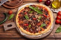 Beef barbeque Pizza with minced meat, red onion, chili pepper, black olives and mozzarella cheese Royalty Free Stock Photo