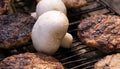 Beef BBQ Cooking of burger meat and mushroom. Iron barbeque grill pan with fire and food. Hamburgers outdoors barbecuing on coals. Royalty Free Stock Photo