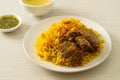 Beef Biryani or Curried rice and beef - Thai-Muslim version of Indian biryani, with fragrant yellow rice and beef