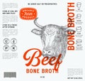 Beef Bone Broth Label Template. Abstract Vector Food Packaging Design Layout. Modern Typography with Hand Drawn Cow Face