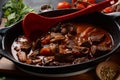 Beef Bourguignon in a pan. Stew with red wine Royalty Free Stock Photo