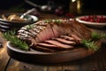 beef brisket slices on a rustic platter