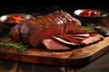 beef brisket slices on a rustic platter