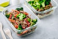 Beef broccoli noodles stir fry meal prep lunch box container Royalty Free Stock Photo