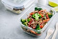 Beef broccoli noodles stir fry meal prep lunch box container Royalty Free Stock Photo