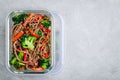 Beef broccoli noodles stir fry meal prep lunch box container Royalty Free Stock Photo