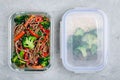 Beef broccoli noodles stir fry meal prep lunch box container