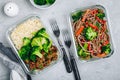 Beef and broccoli stir fry meal prep lunch box containers with rice or noodles Royalty Free Stock Photo