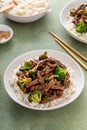 Beef and broccoli stir fry served over rice Royalty Free Stock Photo