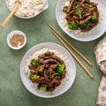 Beef and broccoli stir fry served over rice Royalty Free Stock Photo