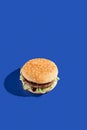 Beef burger blue background with hard shadow. American junk food minimal style. Hamburger trendy style. Simple burger colour