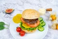 BEEF BURGER with cheese, tomato, cucumber and mayo dip served in a bowl isolated on grey background side view healthy korean food Royalty Free Stock Photo