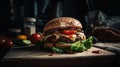 Beef burger with cheese, tomatoes, red onions, cucumber and lettuce on black slate over dark background. Unhealthy food Royalty Free Stock Photo