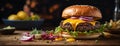 Beef burger with egg, melted cheese, vegetables and lettuce. Banner. Generative AI Royalty Free Stock Photo