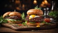 Beef burger with egg, melted cheese, vegetables and lettuce, generative AI Royalty Free Stock Photo