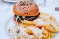 Beef burger with french-fried potatoes on white dish