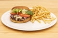 Beef burger with lettuce sprouts, melted cheese, red onion and tomato Royalty Free Stock Photo