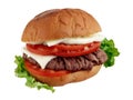 Beef burger with melted Mozarella, lettuce and tomato isolated on white background