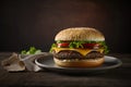 Beef burger on a plate on a dark wooden table close-up. Classic cheeseburger with lettuce. Rustic style. Image is AI generated Royalty Free Stock Photo