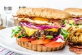 Beef burger, red onion and fried egg Royalty Free Stock Photo
