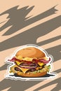 Beef burger vector illustration with raw onion, fries chips, American salad, kepchup and mustard