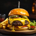 A beef burger with yellow sauce and fries. generative AI