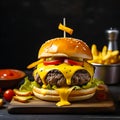 A beef burger with yellow sauce and fries. generative AI