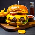 A beef burger with yellow sauce and fries. generative AI