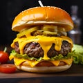 A beef burger with yellow sauce and fries. generative AI