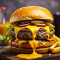 A beef burger with yellow sauce and fries. generative AI