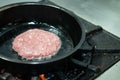 Beef burgers cooking in kitchen
