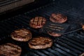 Beef burgers grilling close up BBQ burgers prepared on barbecue fire flame grill with beef meat Royalty Free Stock Photo