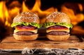 Beef burgers with vegetables and cheese are burning in fire Royalty Free Stock Photo