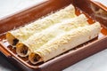 beef burritos in baking plate Royalty Free Stock Photo