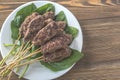 Beef cabobs on the fresh spinach leaves Royalty Free Stock Photo