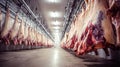 Beef carcasses hanging in large cold storage facility Royalty Free Stock Photo