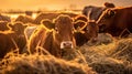 Beef cattle eating hay at cattle farm. Generative Ai Royalty Free Stock Photo