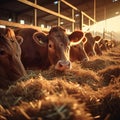 Beef cattle farm scene cows eating hay in spacious cowshed