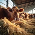 Beef cattle farm scene cows eating hay in spacious cowshed