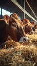 Beef cattle farm scene cows eating hay in spacious cowshed