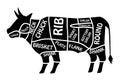 Beef chart. Poster Butcher diagram for groceries, meat stores, butcher shop. Segmented cow silhouette vector Royalty Free Stock Photo