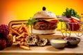 Beef Cheese burger with french fries, potato and tomato slice isolated on wooden board slide view on table fast food