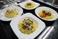 Beef and chicken dishes of Chinese noodles at the kitchen Royalty Free Stock Photo