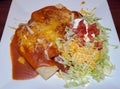 Beef and chicken enchilada with salad and sour cream Royalty Free Stock Photo