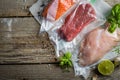 Beef, chicken and salmon in vacuum plastic bag for sous vide cooking Royalty Free Stock Photo