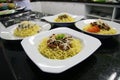 Beef, chicken and vegetables dish of Chinese noodles Royalty Free Stock Photo