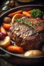 Beef chuck pot roast with carrots Yukon gold potatoes braised in broth. Traditional American cuisine dish specialty Royalty Free Stock Photo