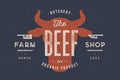 Beef, cow, bull. Vintage typography, lettering, retro print